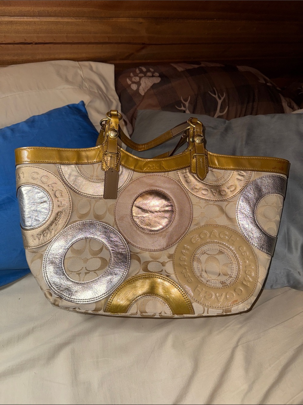 Coach Metallic Circle Tote in Gold, Silver and Cream Handbag, purse. Pocketbook